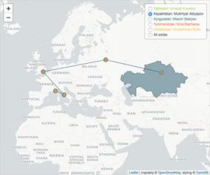 Route of a Kazakhstani exile via Moscow, London and Rome to Nice (FR).